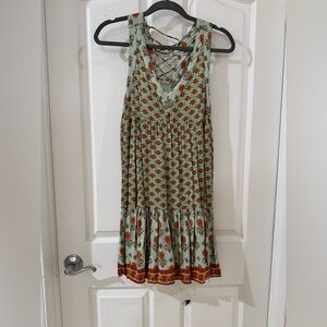 Boho Mint Green Midi Dress with Rust Floral Print